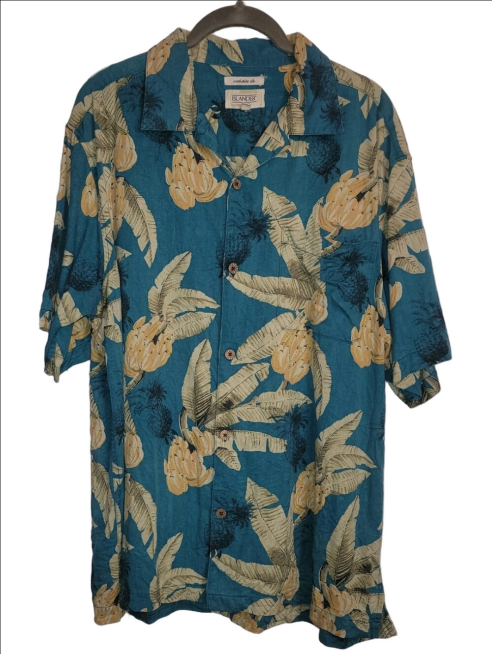 Vintage ISLANDER 100% Silk Teal And Tan Tropical Print Short Sleeve Shirt Size L